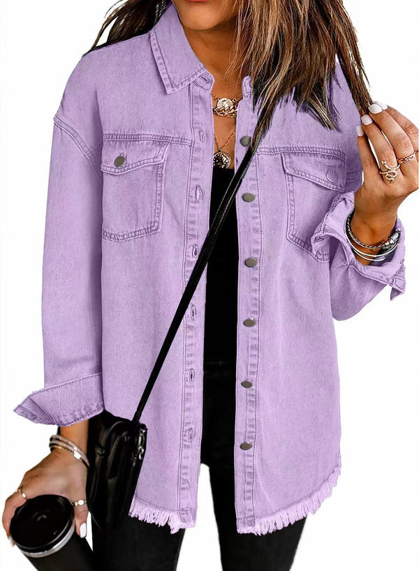 Kahlia | Denim-Style Shirt Jacket With Frayed Hem