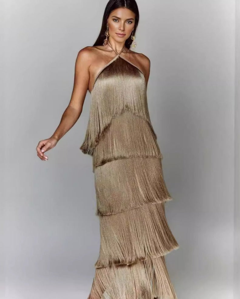 Eva | Fringe Halterneck Tiered Midi Dress
