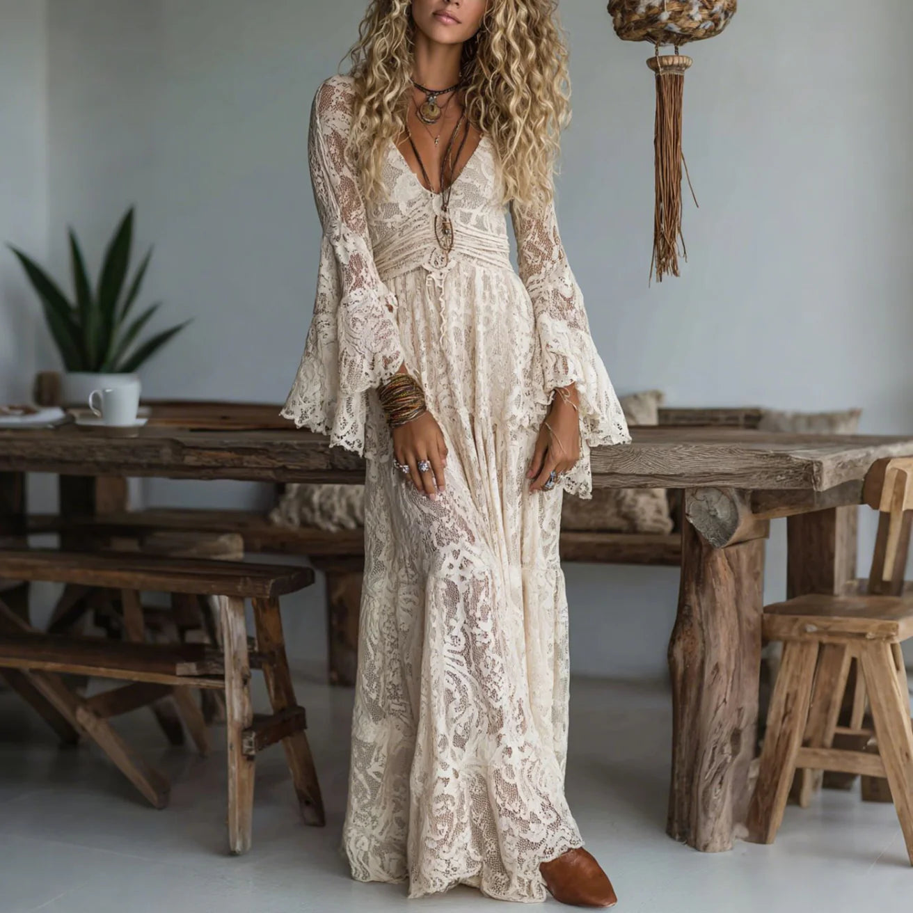Chariya | Lace Maxi Dress Flared Sleeve Cream