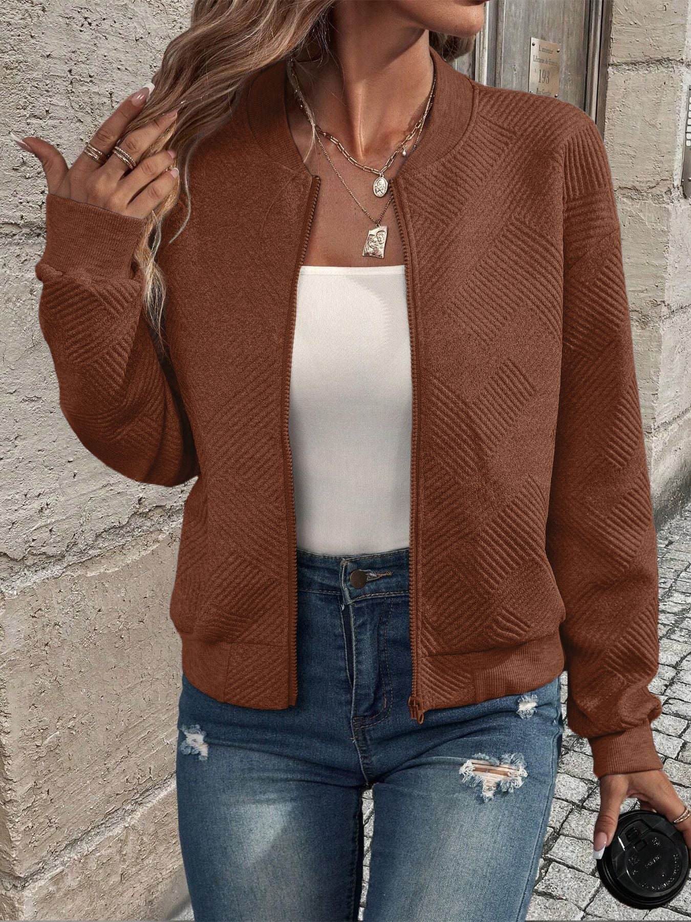 Juanita | Textured Zip-Up Long Sleeve Jacket