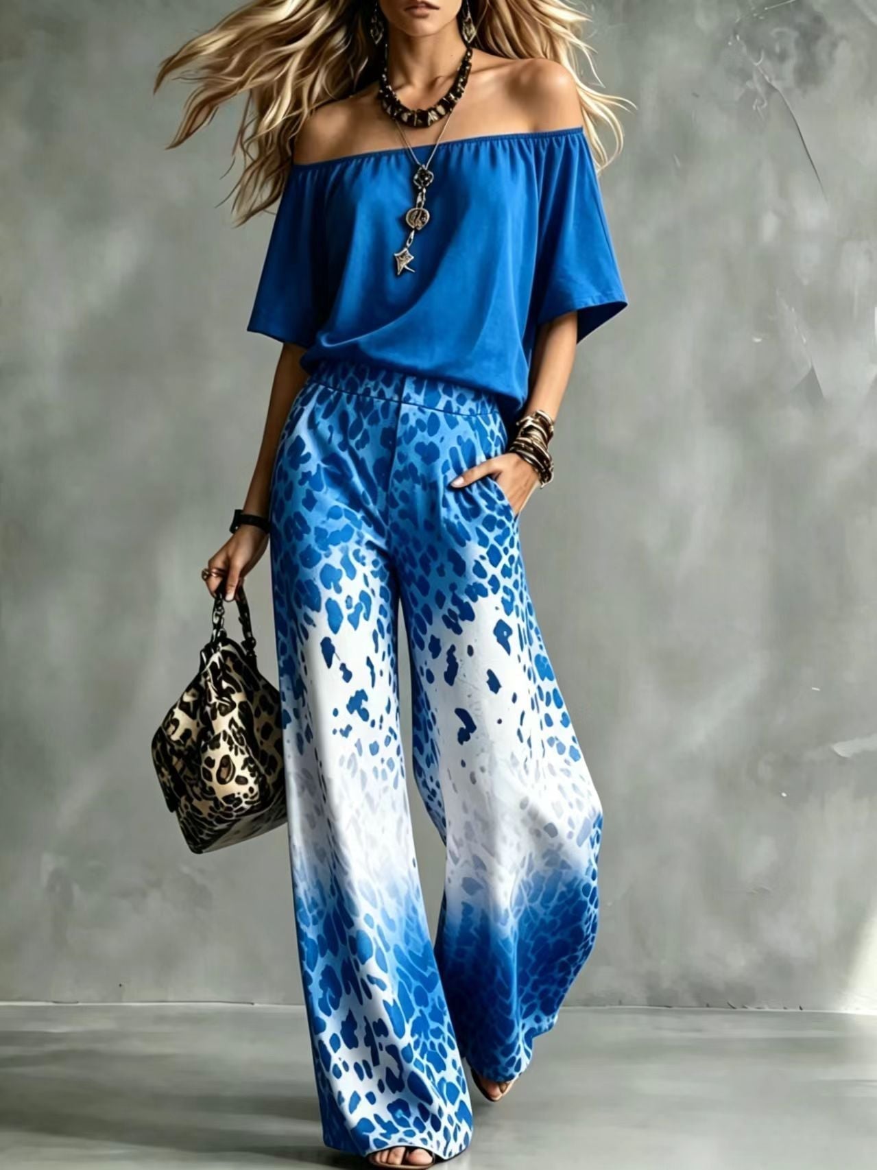 Rinia | Off-Shoulder Top and Printed Trouser Set