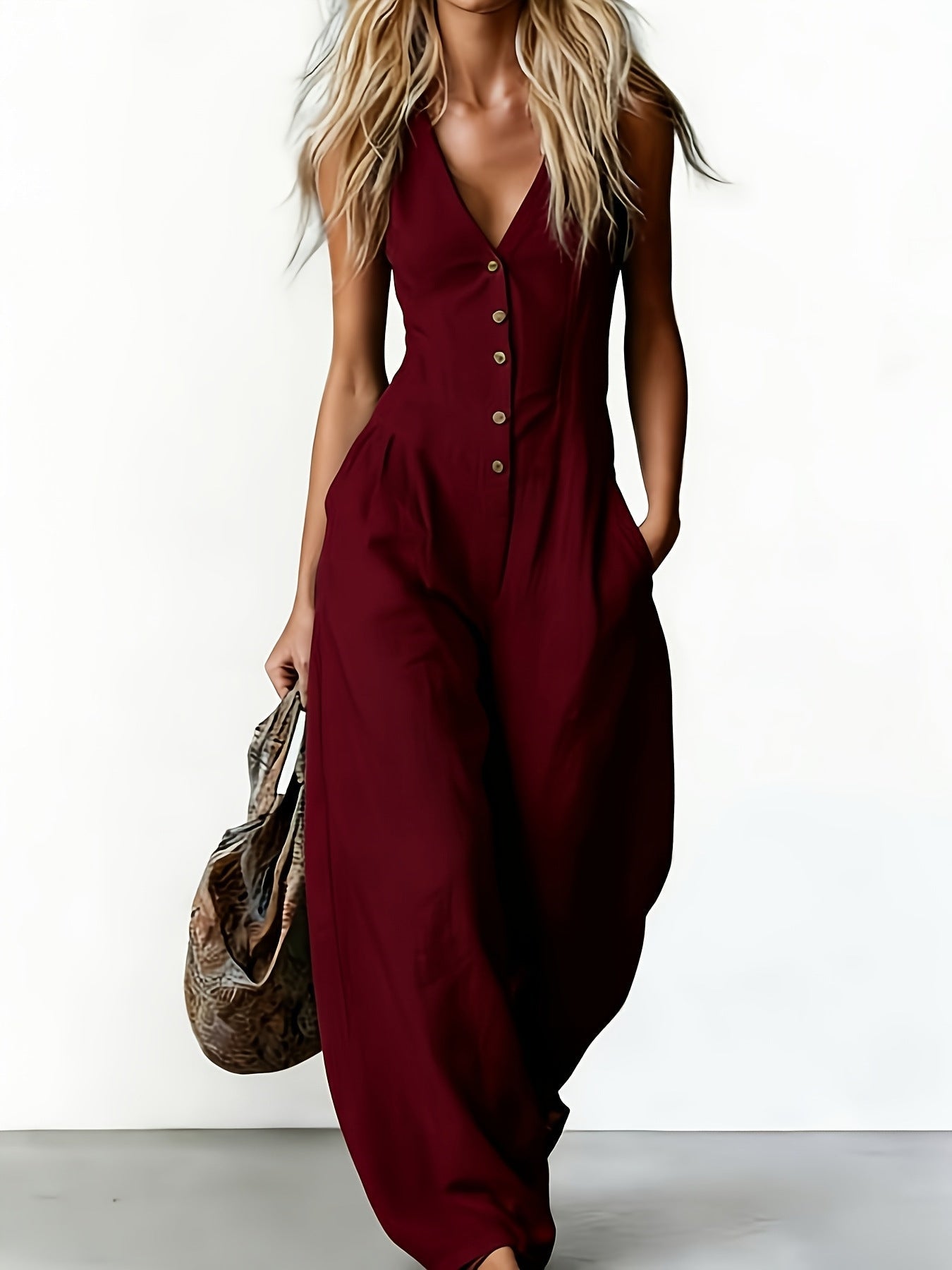 Suzanni - Sleeveless Wide Leg Button Jumpsuit