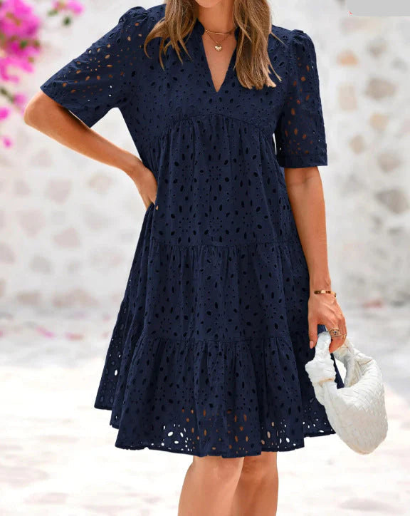 Anjika - Tiered Eyelet Midi Dress Short Sleeve