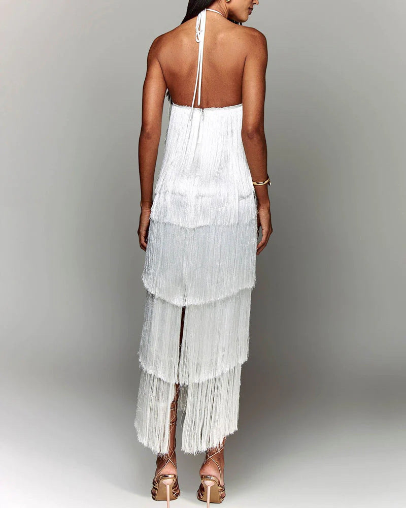 Eva | Fringe Halterneck Tiered Midi Dress