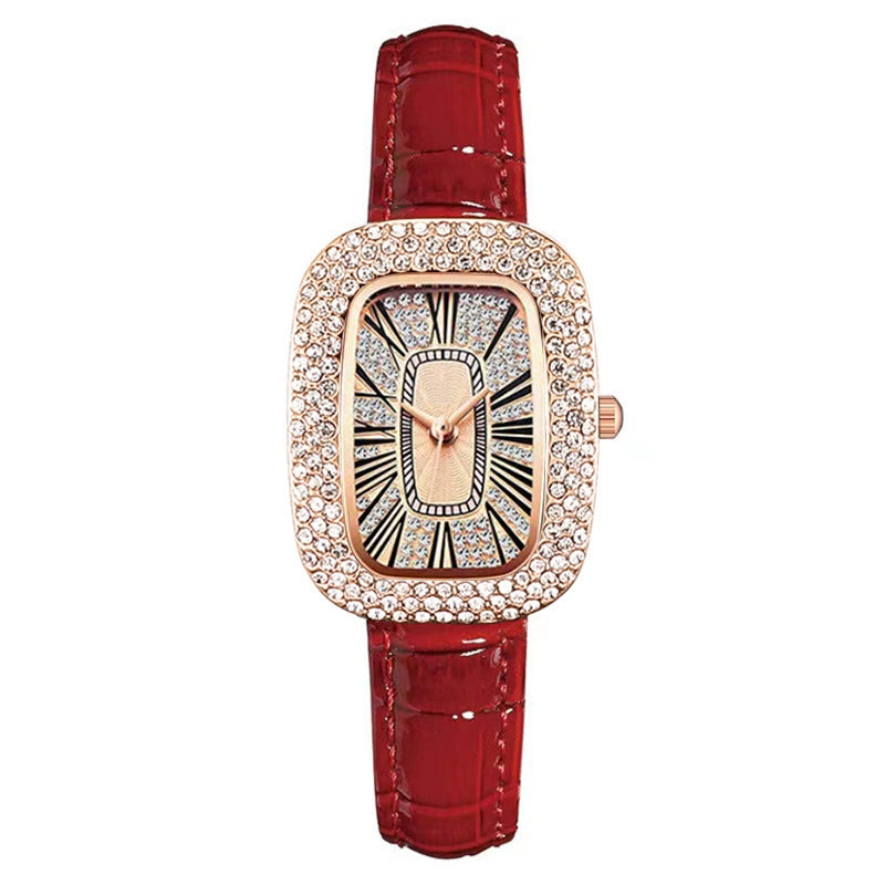 Vítor | Rectangular Crystal Bezel Red Strap Watch