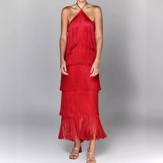 Eva | Fringe Halterneck Tiered Midi Dress