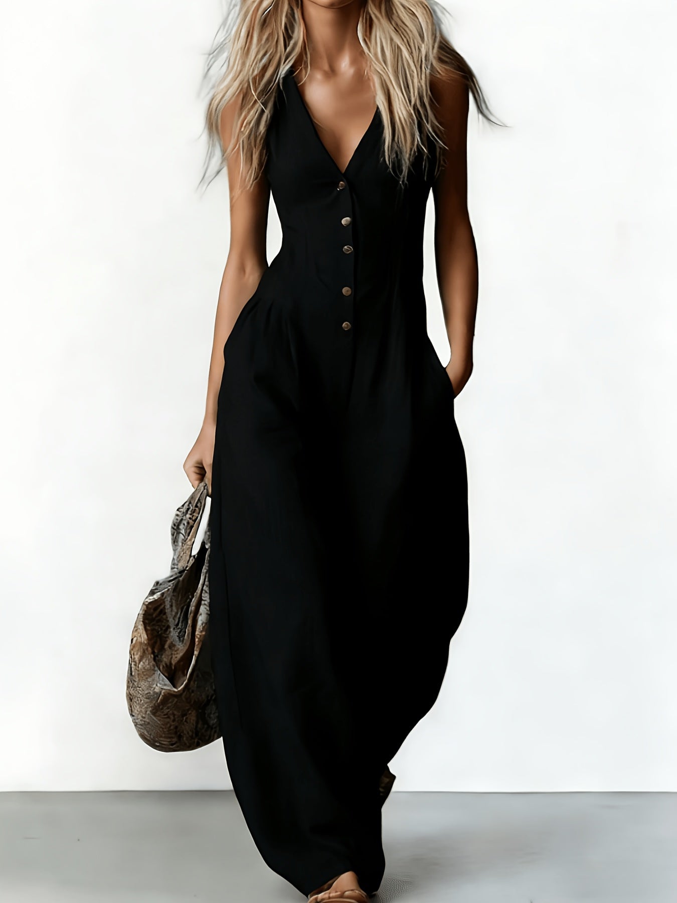 Suzanni - Sleeveless Wide Leg Button Jumpsuit