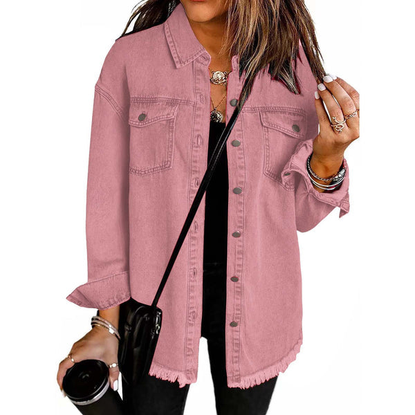 Kahlia | Denim-Style Shirt Jacket With Frayed Hem