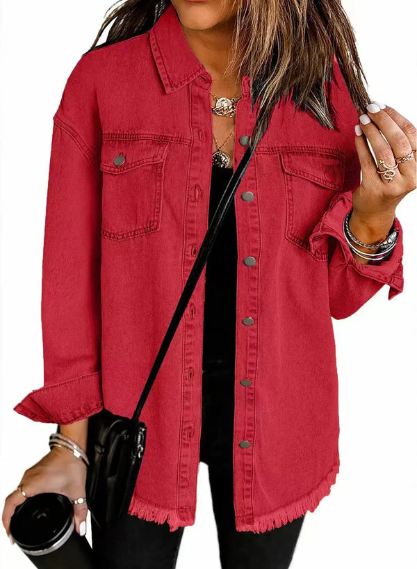 Kahlia | Denim-Style Shirt Jacket With Frayed Hem
