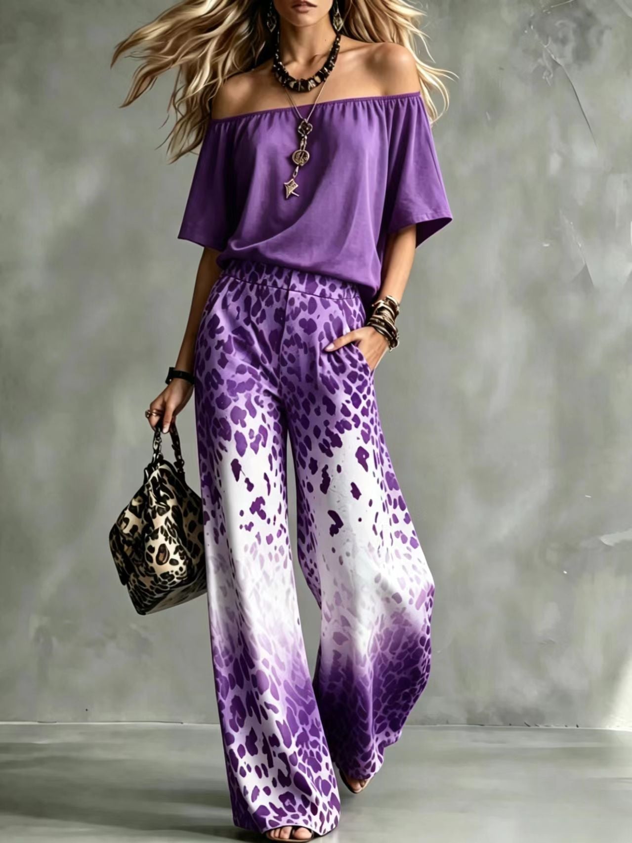 Rinia | Off-Shoulder Top and Printed Trouser Set