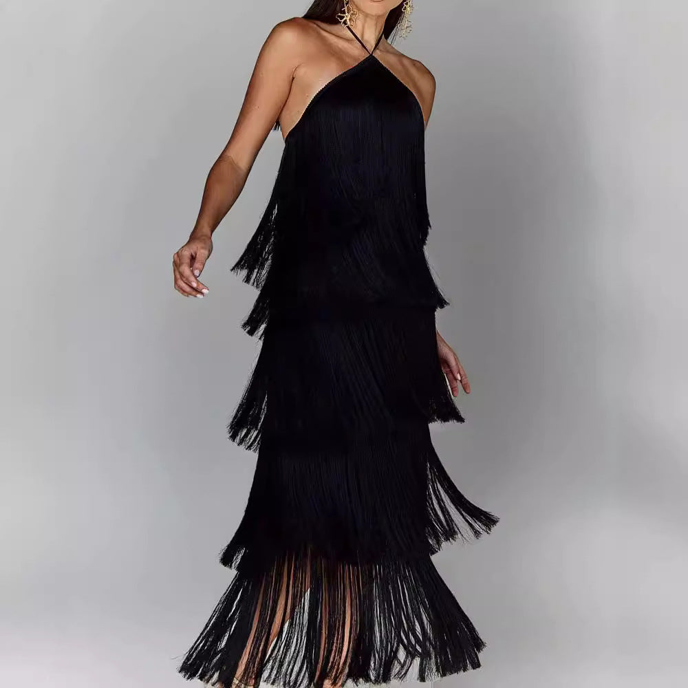 Eva | Fringe Halterneck Tiered Midi Dress