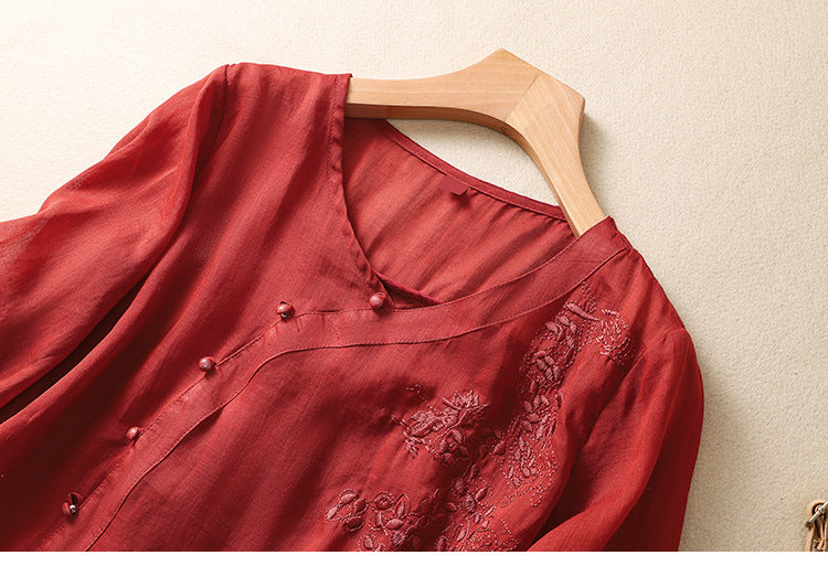 Loreen - Asymmetrical Button Tunic Embroidered Three Quarter Sleeve