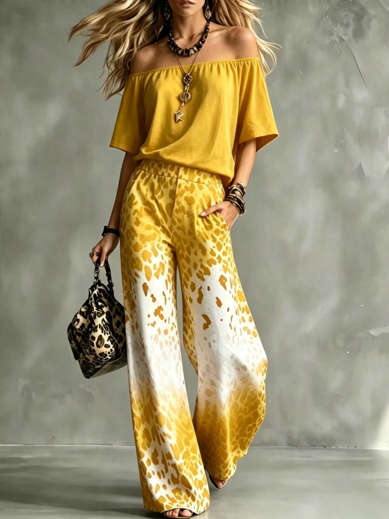 Rinia | Off-Shoulder Top and Printed Trouser Set