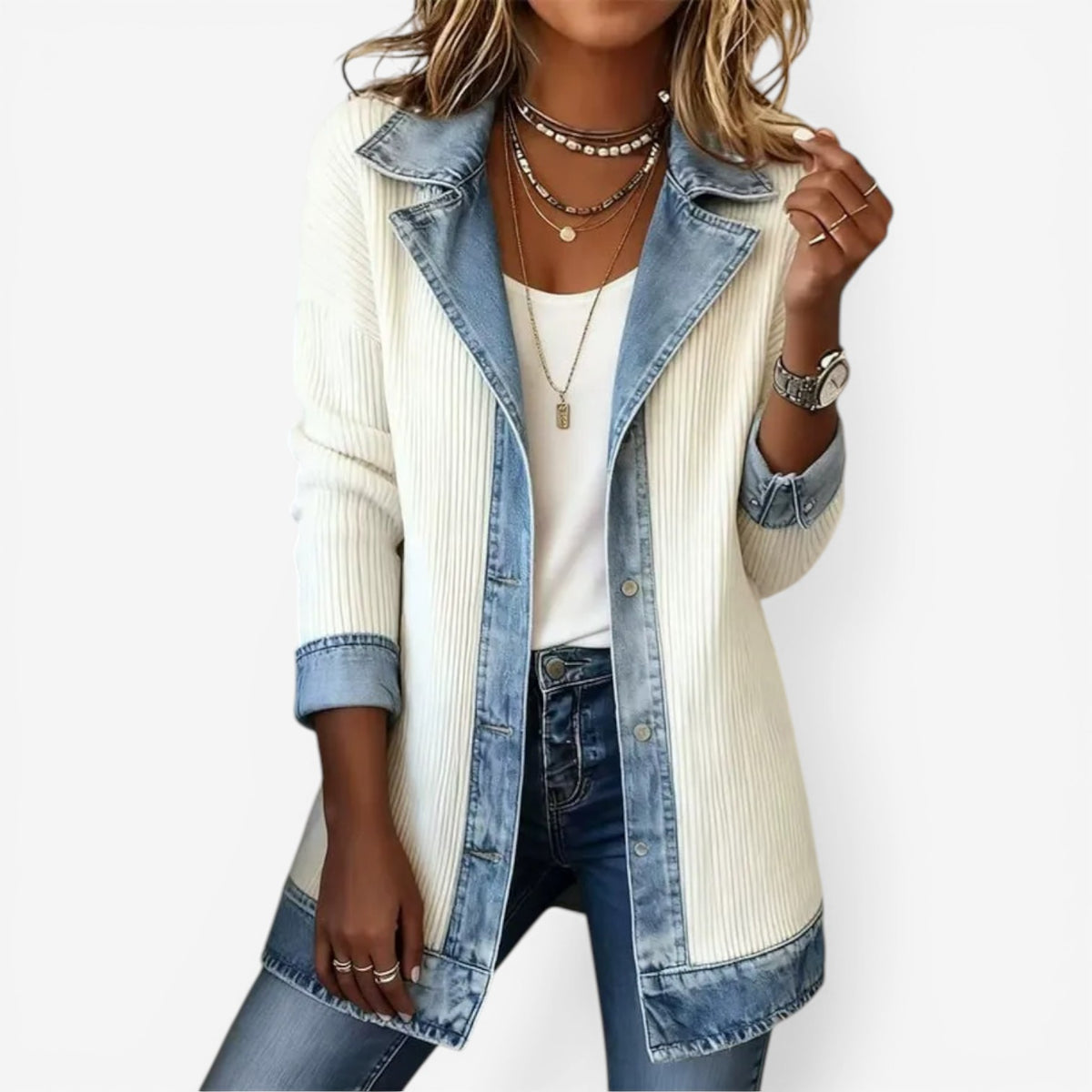 Sunna | Longline Denim Trim Knit Jacket
