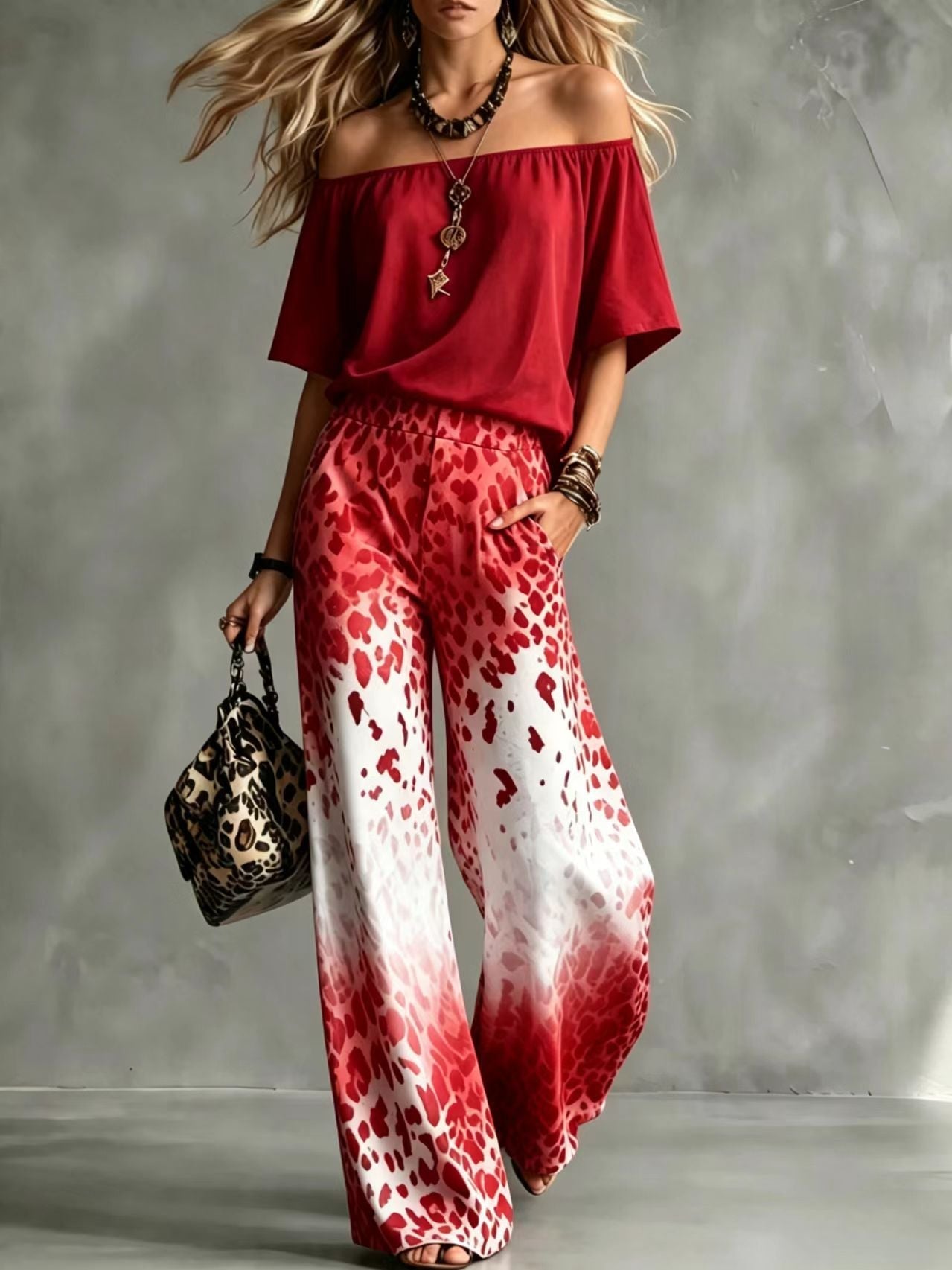 Rinia | Off-Shoulder Top and Printed Trouser Set