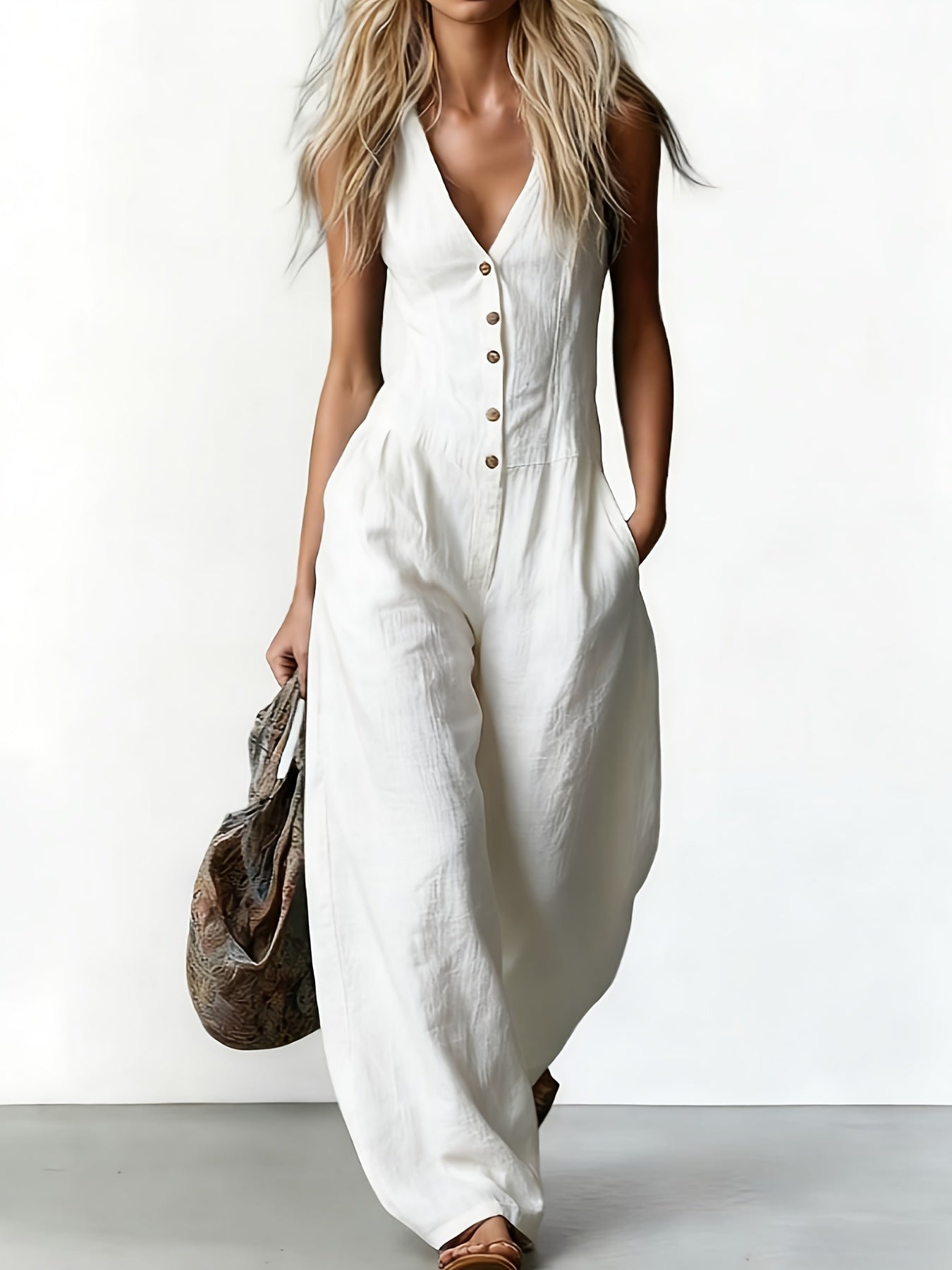Suzanni - Sleeveless Wide Leg Button Jumpsuit