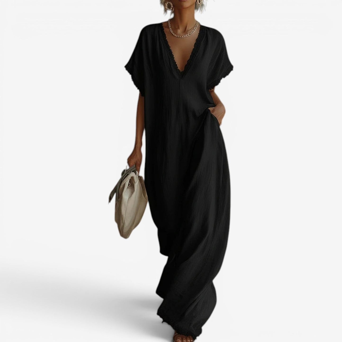 Farzana | Lace Trim V Neck Maxi Dress