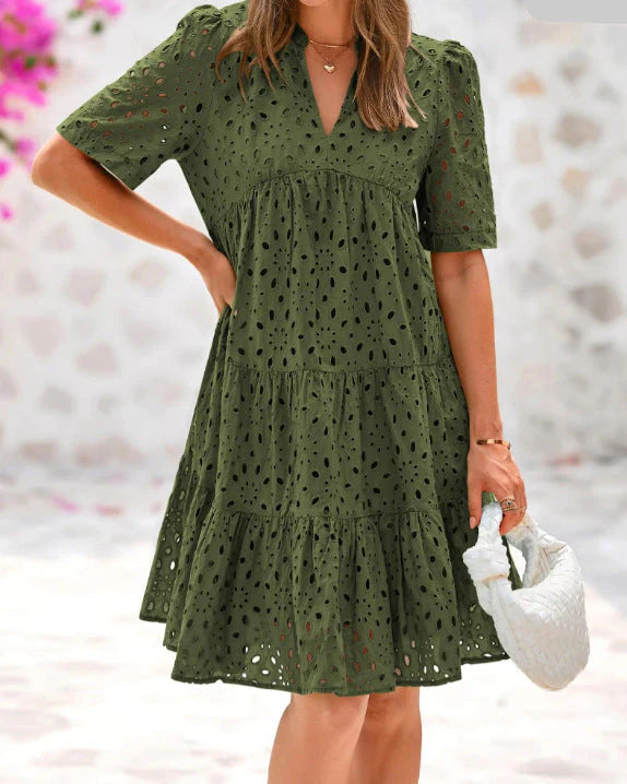Anjika - Tiered Eyelet Midi Dress Short Sleeve