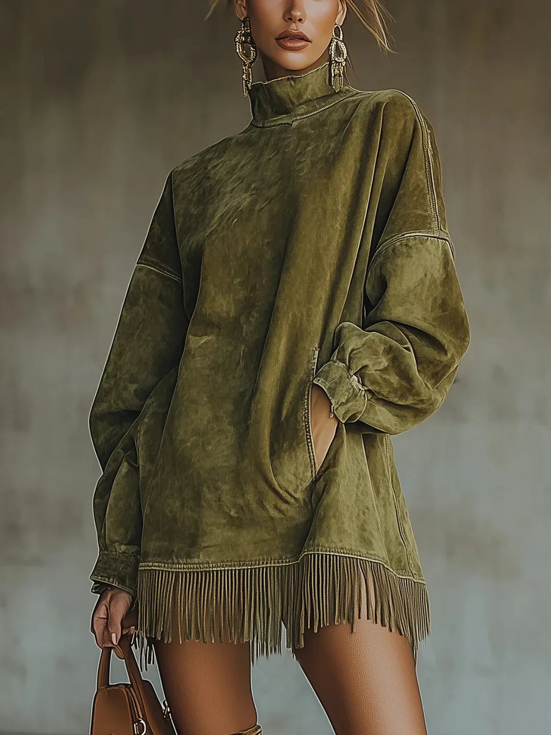 Syanna | Fringe Hem High Neck Oversized Sweatshirt