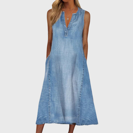 Renia | Sleeveless Blue Denim-Style Midi Dress