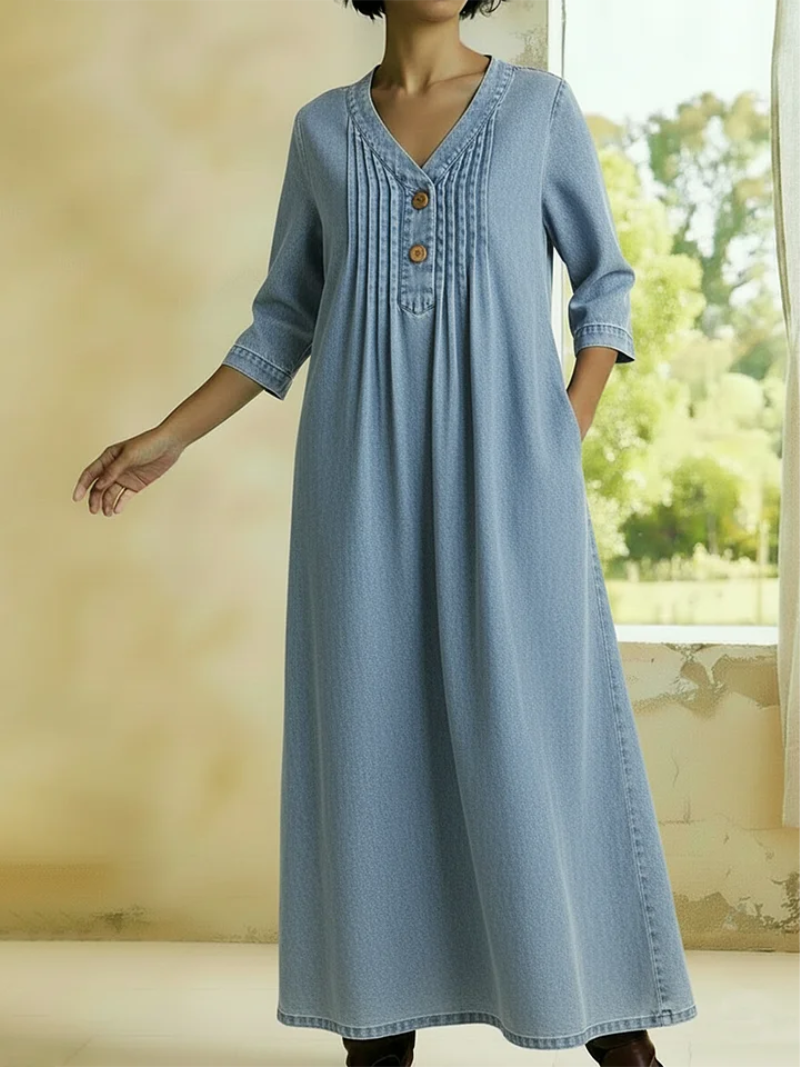 Danjela | Pleated V-Neck Denim Maxi Dress