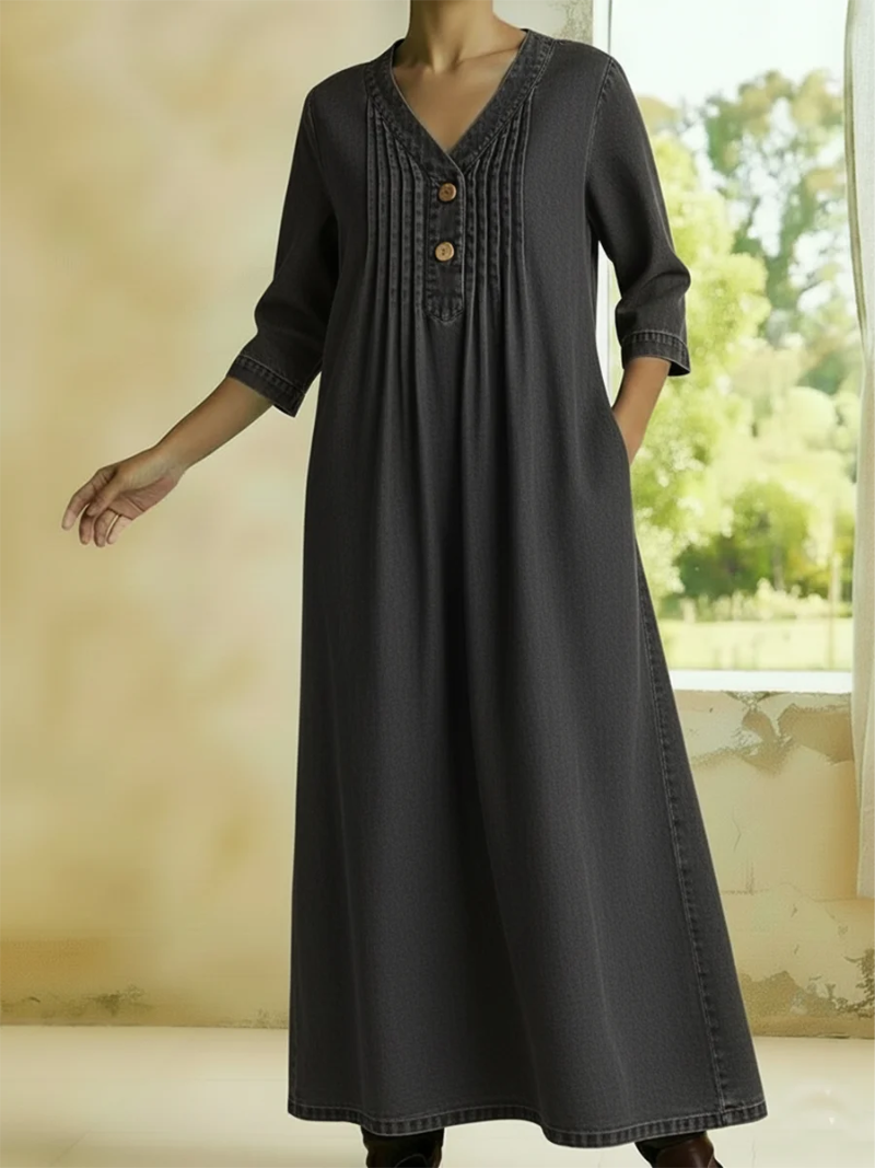 Danjela | Pleated V-Neck Denim Maxi Dress