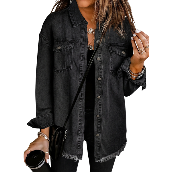 Kahlia | Denim-Style Shirt Jacket With Frayed Hem