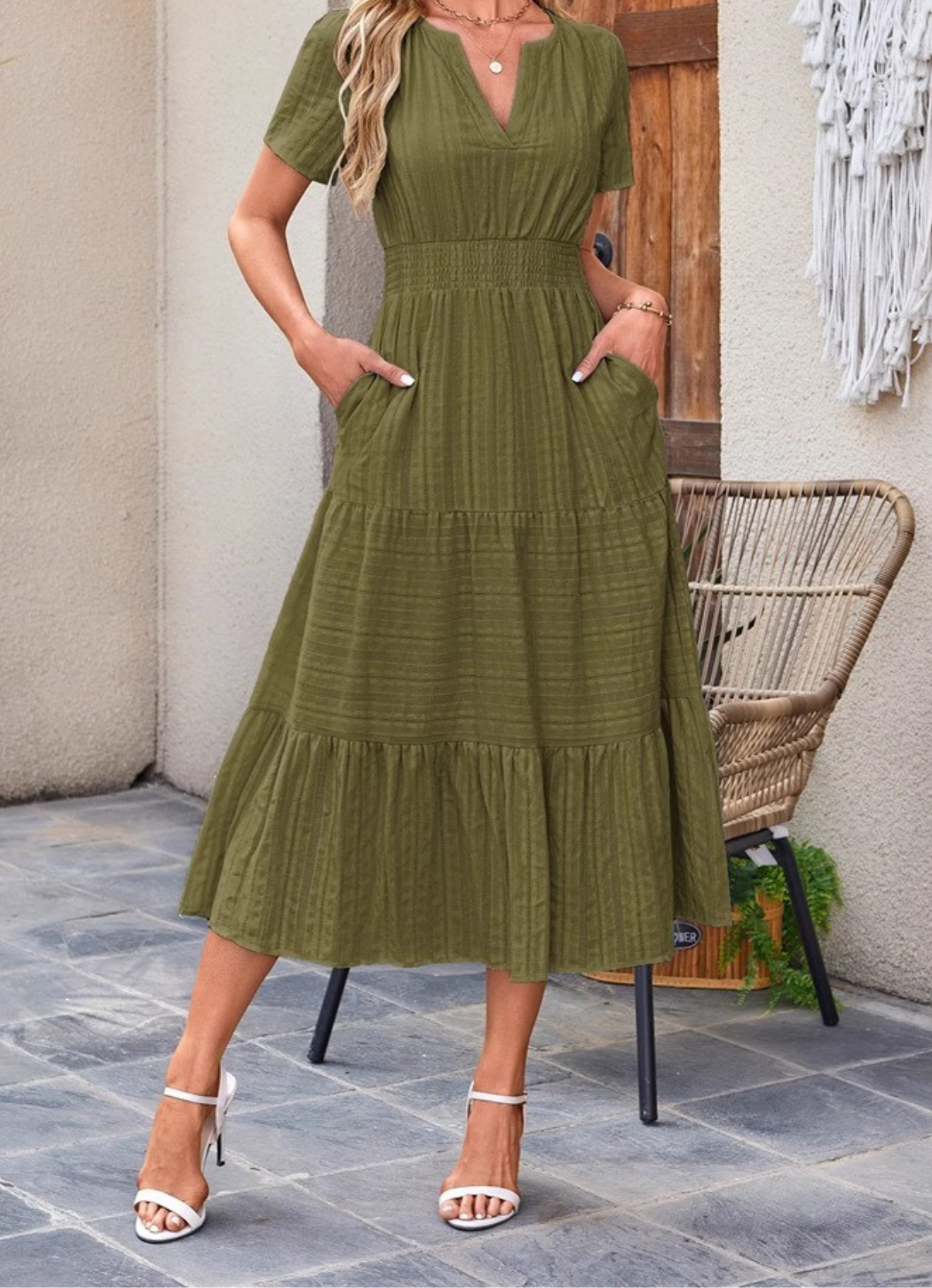 Jikina | Midi Dress Tiered V Neck Short Sleeve