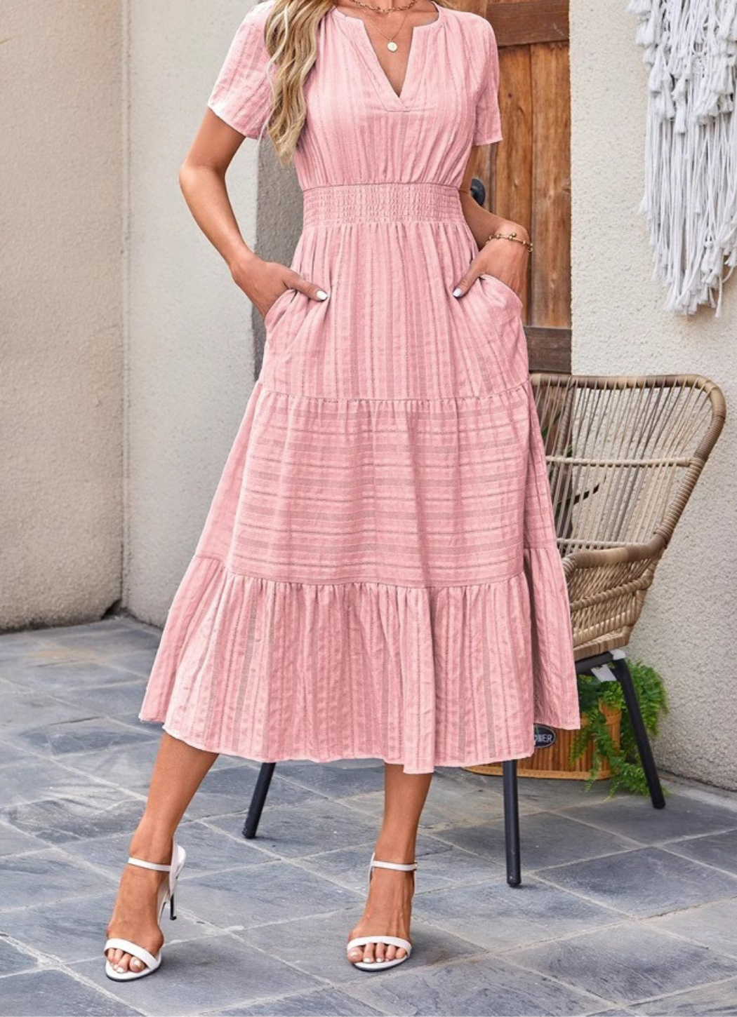 Jikina | Midi Dress Tiered V Neck Short Sleeve