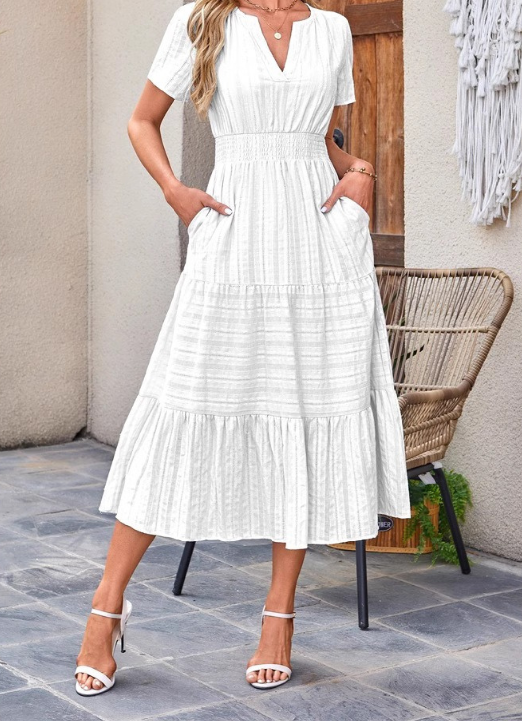 Jikina | Midi Dress Tiered V Neck Short Sleeve