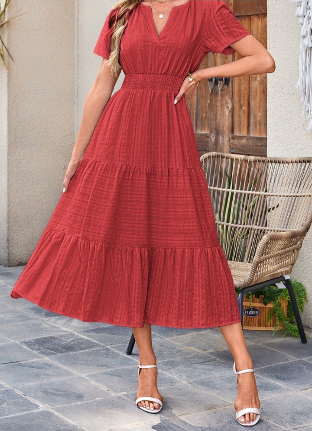 Jikina | Midi Dress Tiered V Neck Short Sleeve