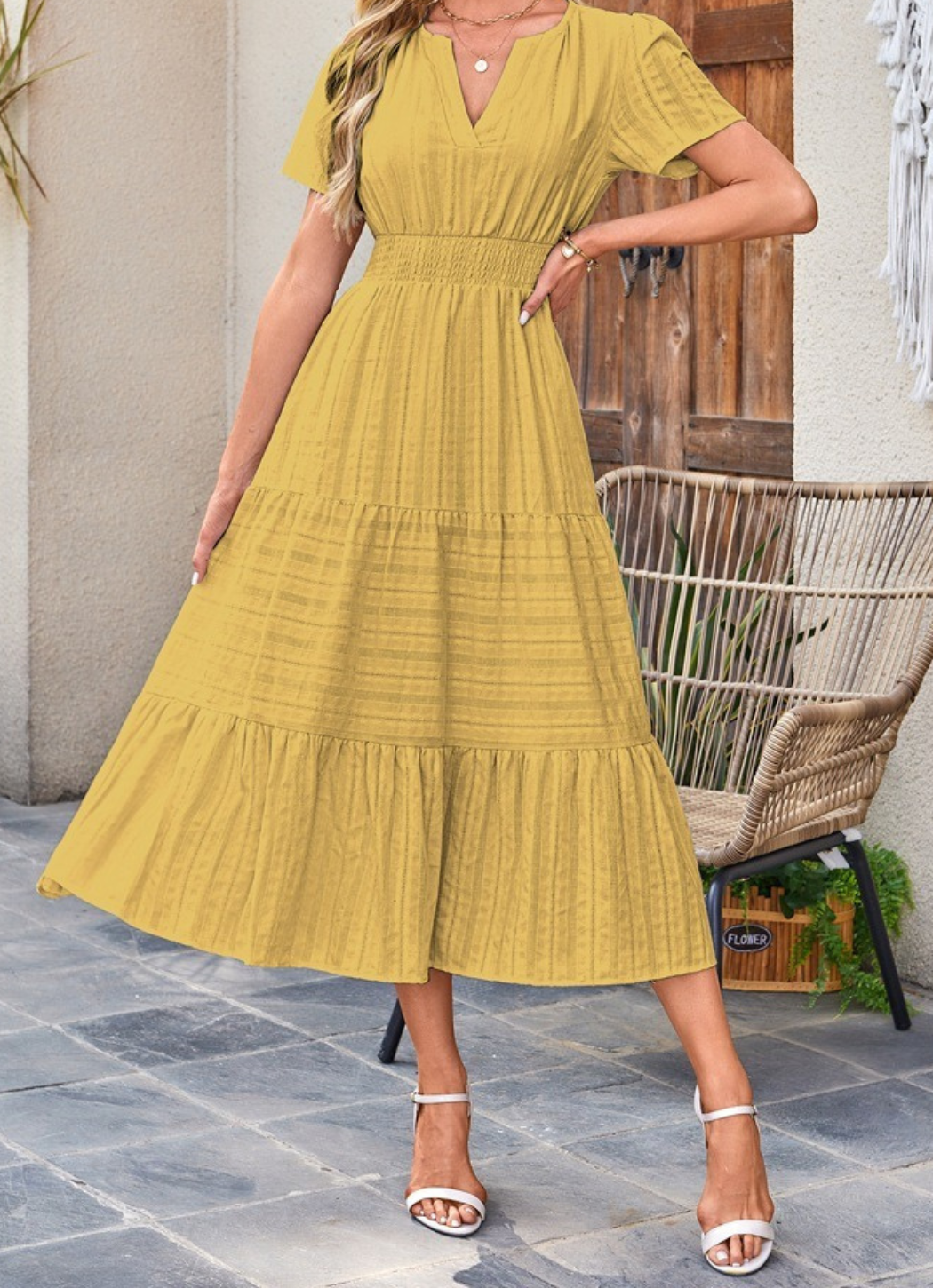 Jikina | Midi Dress Tiered V Neck Short Sleeve