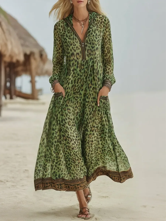 Yethrika | Leopard Print Zip Front Maxi Dress