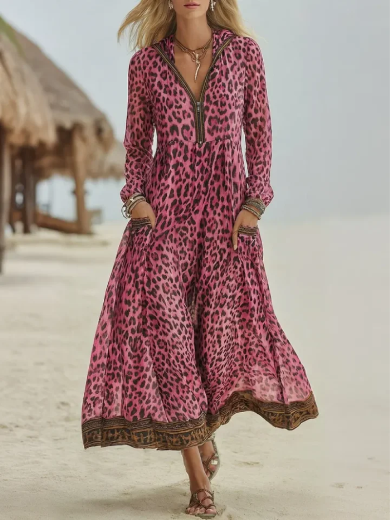 Yethrika | Leopard Print Zip Front Maxi Dress