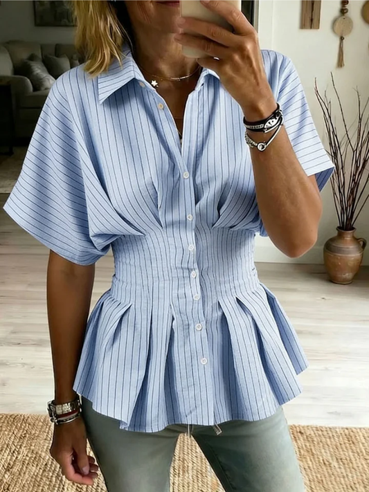 Sudeeksha | Striped Button Front Short Sleeve Blouse