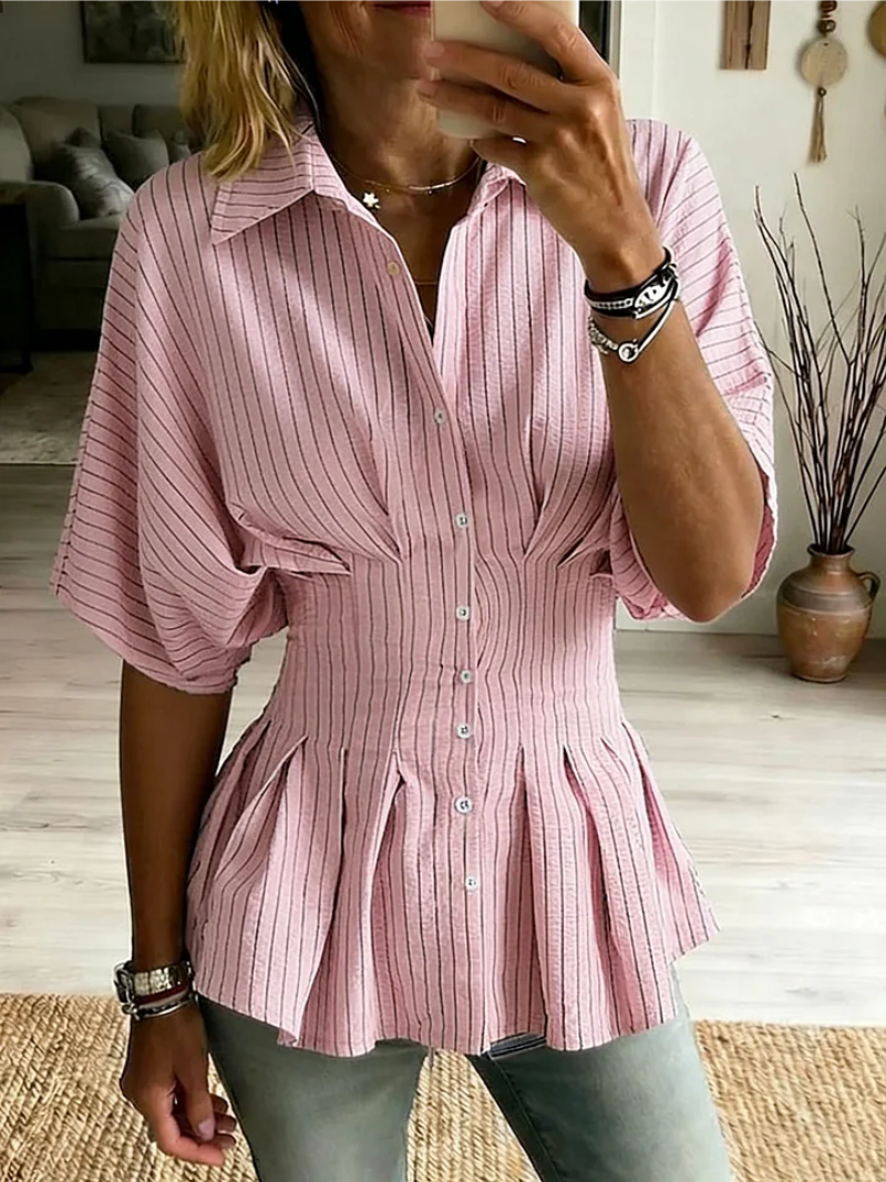 Sudeeksha | Striped Button Front Short Sleeve Blouse
