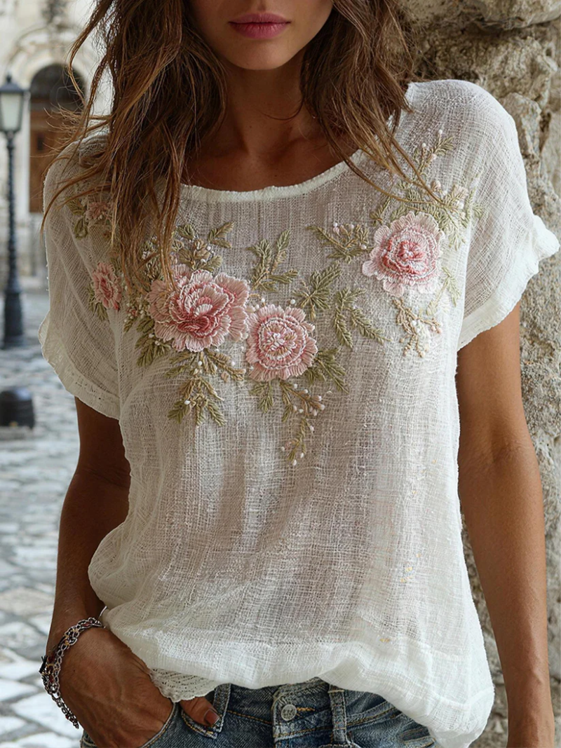 Nalena | Floral Embroidered Short Sleeve Blouse