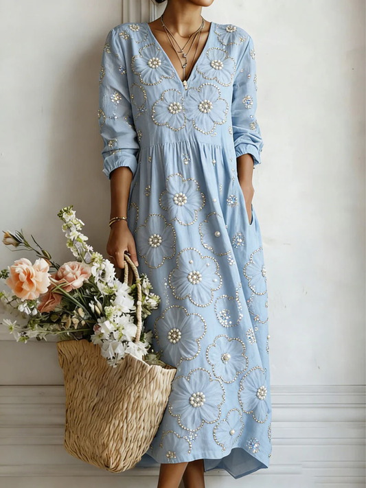 Mbavera | Floral Embroidered V-Neck Long Sleeve Dress