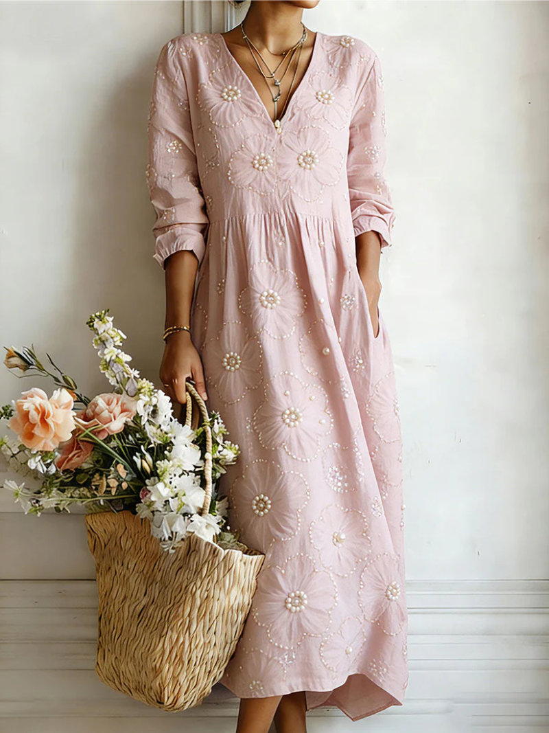 Mbavera | Floral Embroidered V-Neck Long Sleeve Dress