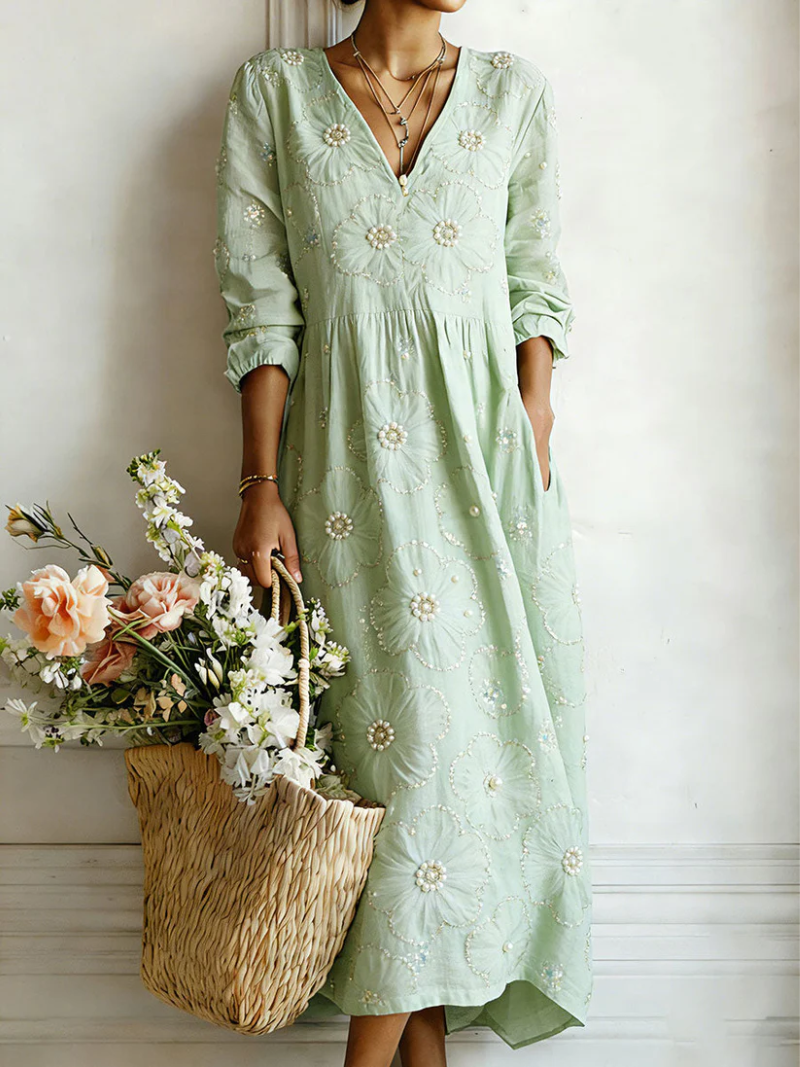 Mbavera | Floral Embroidered V-Neck Long Sleeve Dress