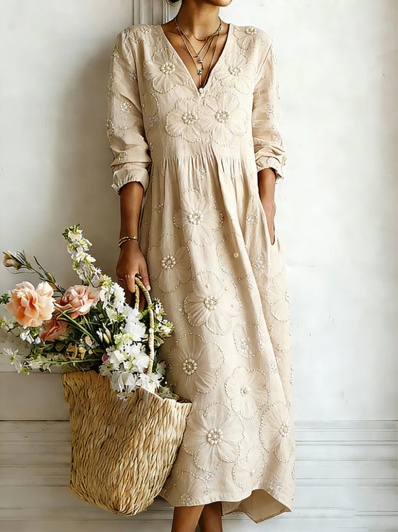 Mbavera | Floral Embroidered V-Neck Long Sleeve Dress