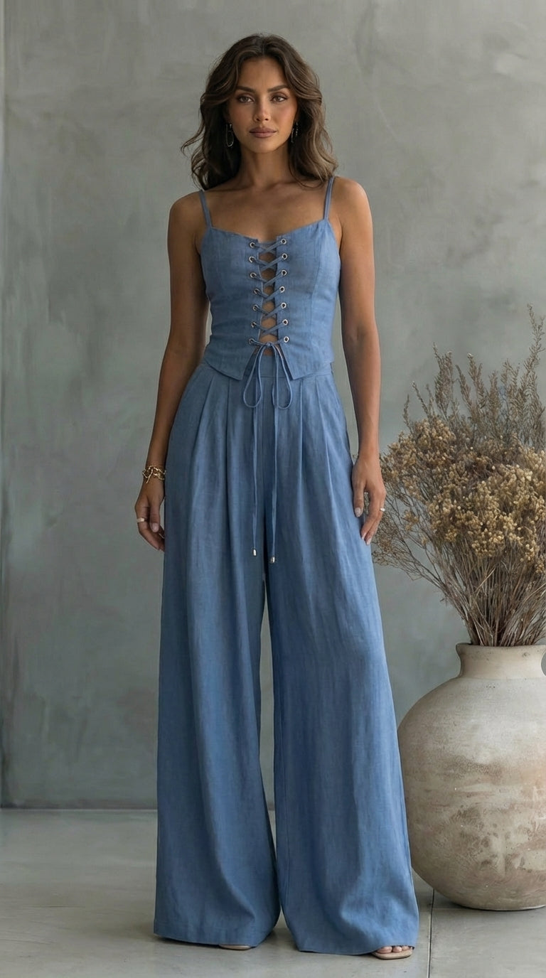 Piera | Wide Leg Trouser Set with Lace Up Top