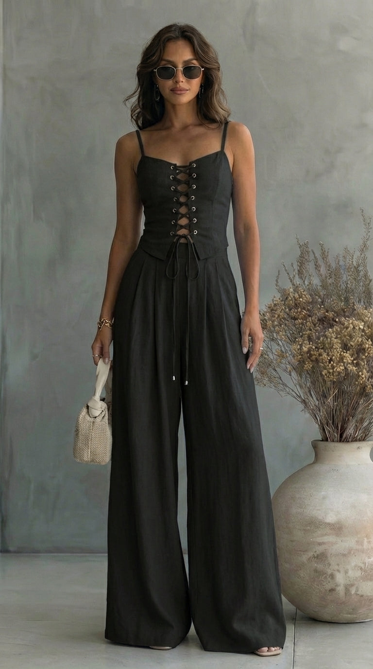 Piera | Wide Leg Trouser Set with Lace Up Top