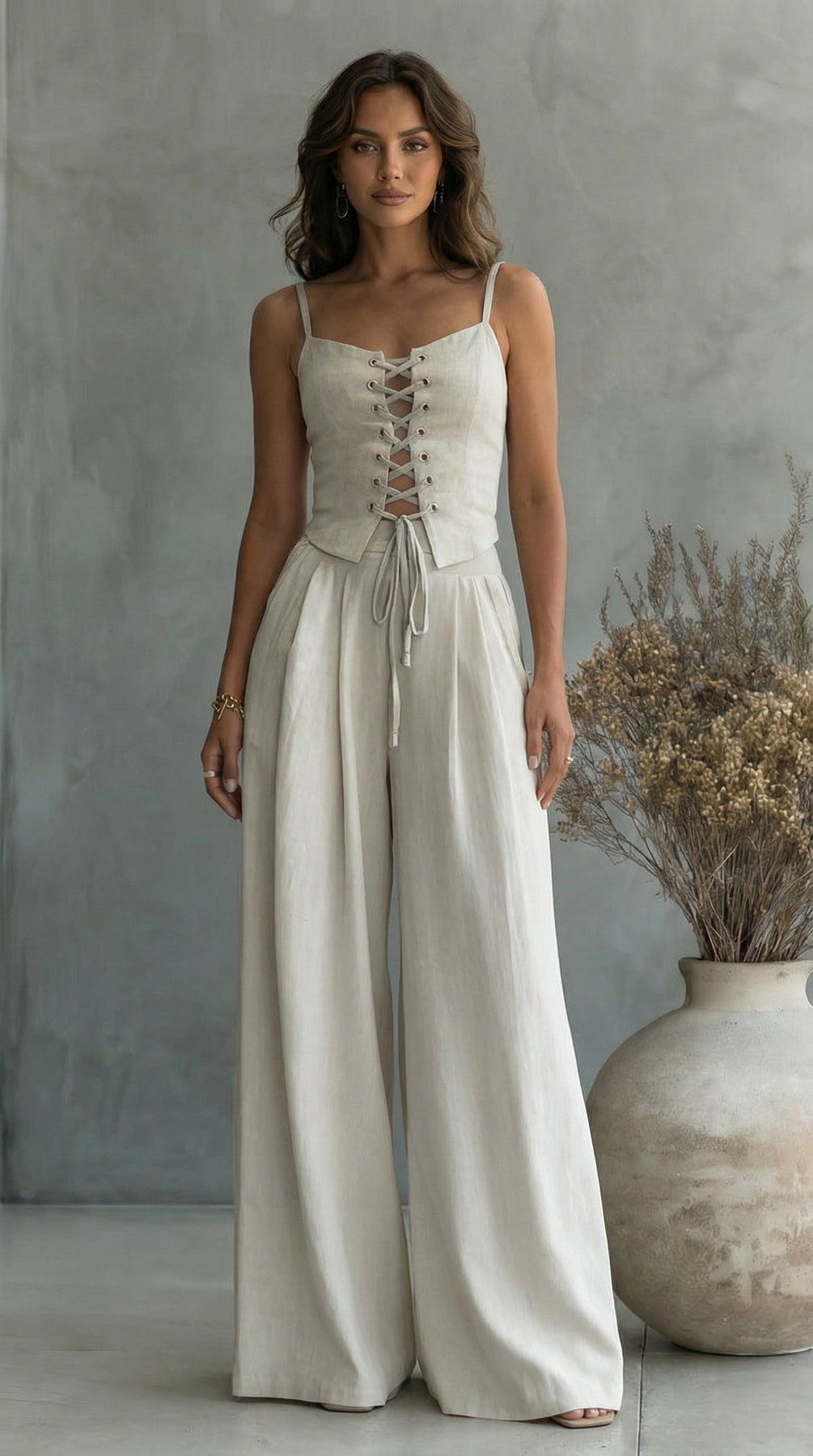 Piera | Wide Leg Trouser Set with Lace Up Top