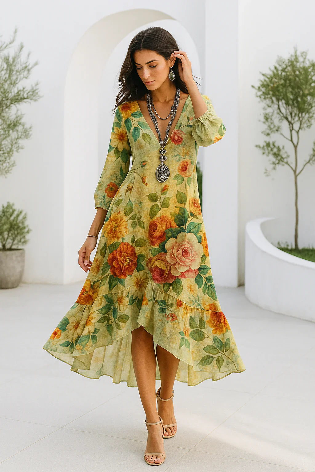 Debra | Floral V-Neck High Low Dress