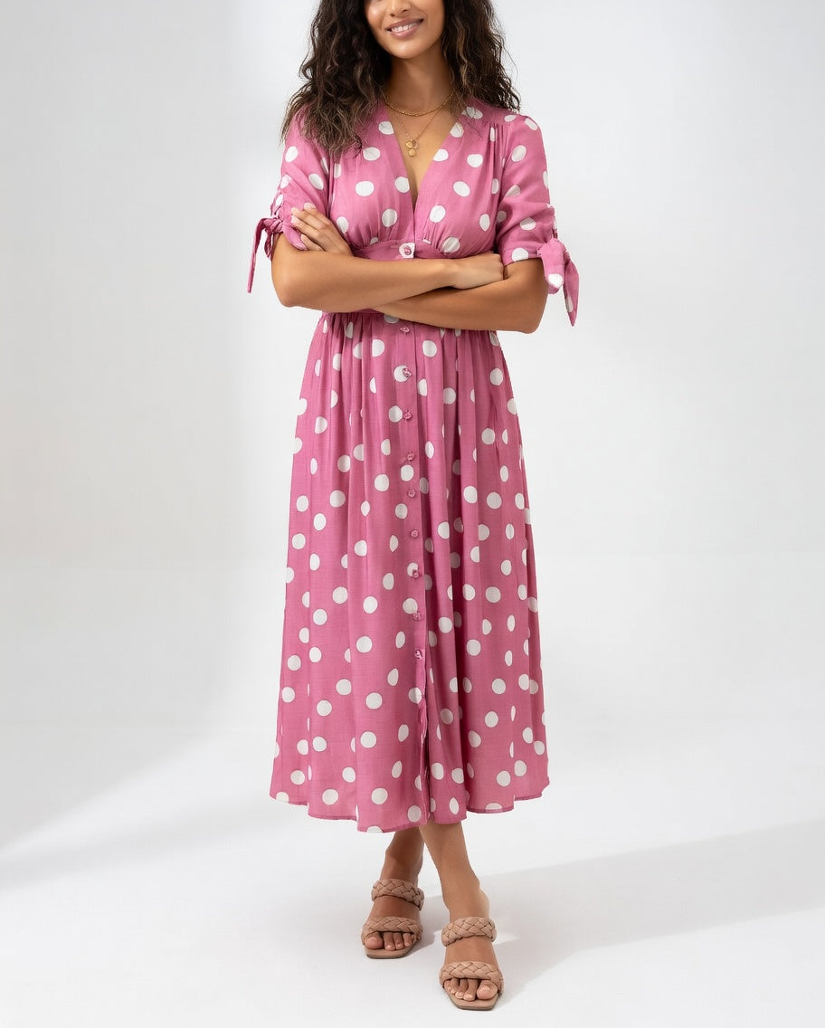 Fabienne | Polka Dot V Neck Midi Dress