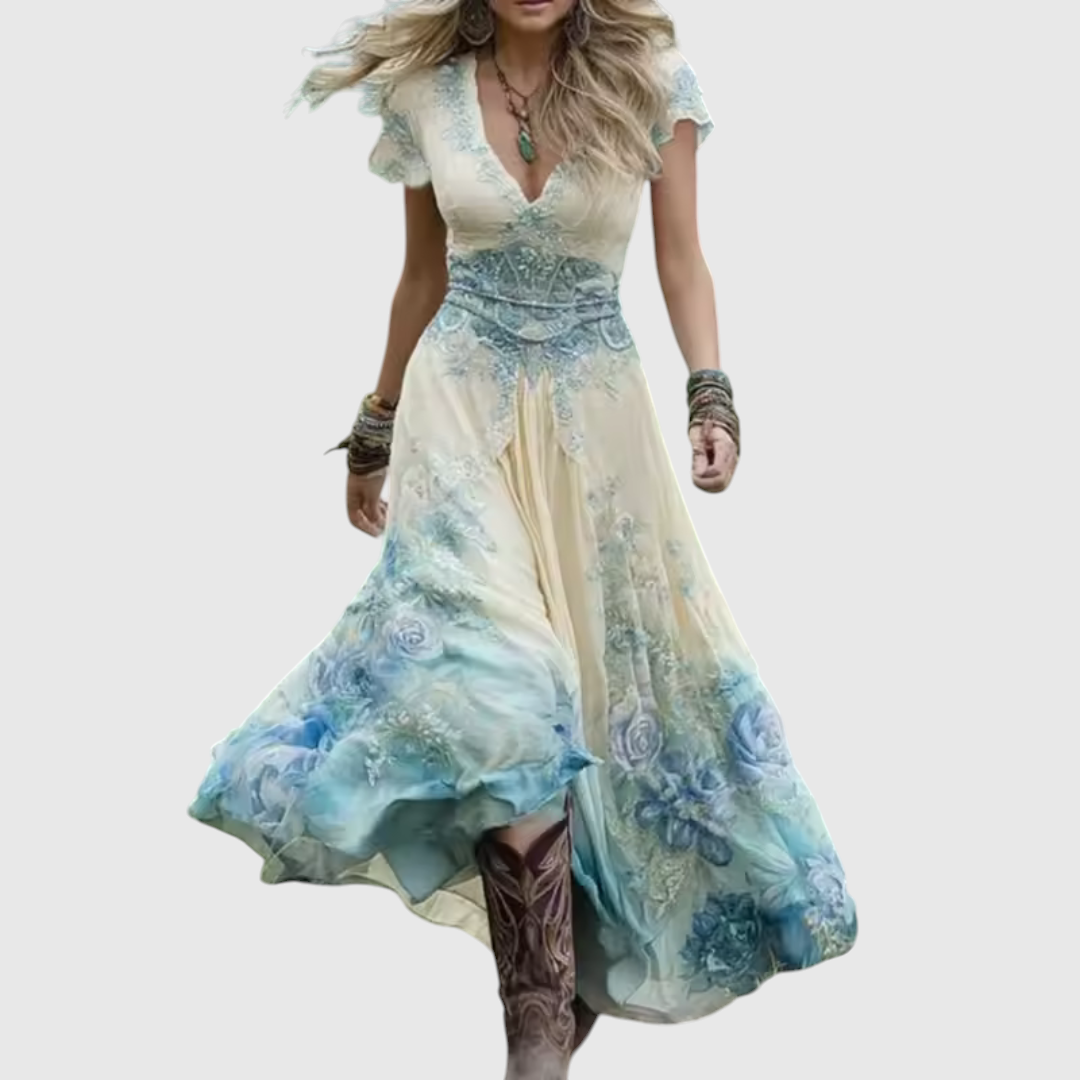 Vihangi | Boho Floral V-Neck Maxi Dress
