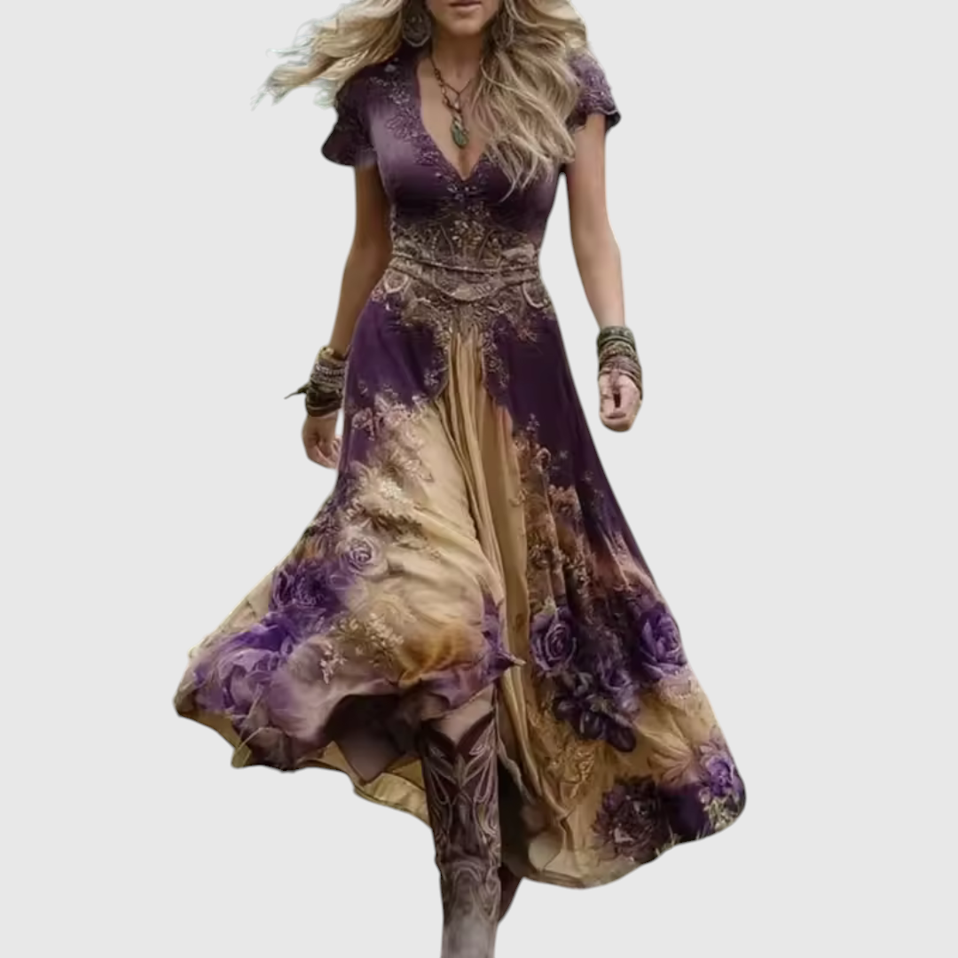Vihangi | Boho Floral V-Neck Maxi Dress