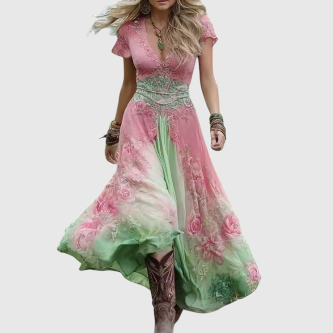 Vihangi | Boho Floral V-Neck Maxi Dress