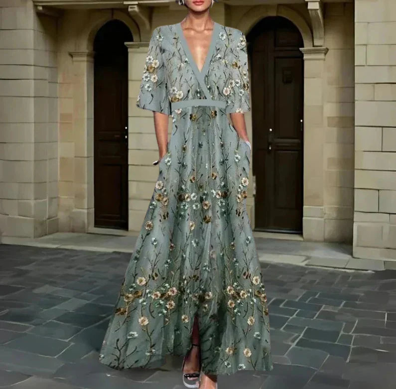 Jane | Floral Print V Neck Midi Dress